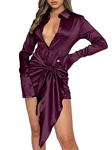 Image of LYANER Women's Stain Deep V Neck Button Down Tie Front Long Sleeve Mini Short Dress