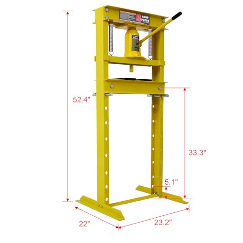 12 Tons Hydraulic Shop Press, Steel H-Frame Garage Floor Press with Press Plates, Adjustable Working Table Height, 23.2”L x 22”W x 52.4”H (Yellow)