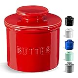 Warome Butter Keeper, Butter Dish with Lid for Countertop, French Butter Crock to Leave on Counter with Water Line, Ceramic Butter Holder for Fresh Spreadable Butter-Passion Red