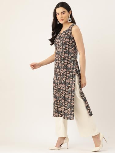 Image of feranoid Women's Pure Cotton Floral Print Straight Kurti | Elegant Curved V-Neck | Sleeveless Calf-Length Ethnic Wear | Comfortable Regular Fit | Sizes XS-XXL