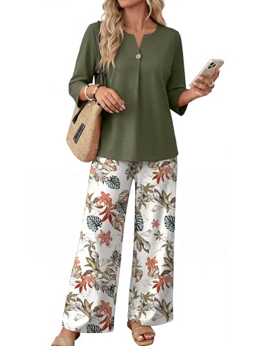 WIHOLL 2 Piece Sets for Women 3/4 Length Sleeve Lounge Sets Summer Spring Beach Vacation Travel Cruise Airport Outfits Matching Women Fashion Clothing Wide Leg Pants Set Plus Size 2XL
