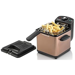 Bestron kleine Friteuse, Mini Frituurpan voor 1 portie friet, bitterballen of snacks, met koudezone technologie & temperatuurregelaar tot 190°C, incl. rvs mand, kijkvenster & oliefilter, kleur: koper
