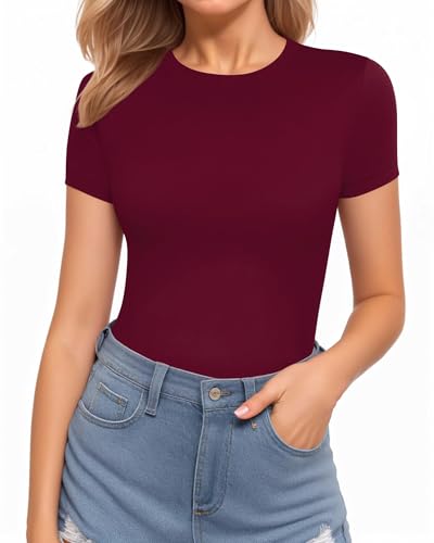 Image of MANGOPOP Women's Round Neck Short Sleeve Bodysuit T Shirts Basic Body Suit Tops