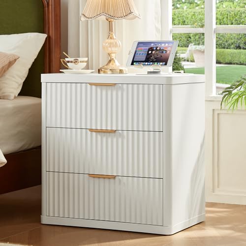 Image of LEYAOYAO 23 inch Wide Fluted Night Stand with Charging Station,3 Drawers Large End Table with Storage,White Nightstand Wood Bedside Tables, Farmhouse Cabinet Dresser for Bedroom,Closet