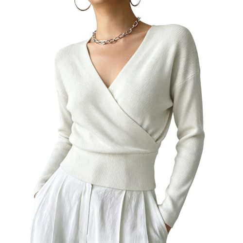 Image of Wrap Knitted Tops for Women UK V Neck Long Sleeve Cropped Wrap Jumper White