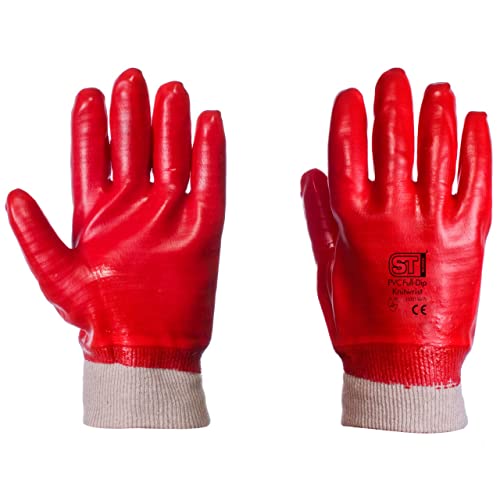 Red PVC Gloves Safety Work Fully Coated Dipped EN388 Size Extra Large XL (10)