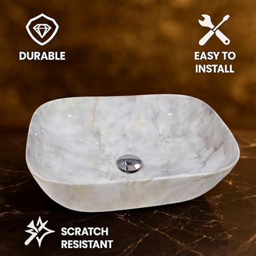Image of Ceramic Tabletop Wash Basin - Glossy Rectangular Countertop Vessel Sink with Marble Finish for Bathroom & Vanity | Compact 18 x 13 x 5 Inch | Elegant Washbasin