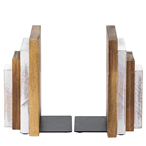 Mygift Whitewashed And Burnt Wood Decorative Bookends With Stacked Stepped Design For Heavy Books, Home Office Desk Book Holders, 1 Pair #TOP5