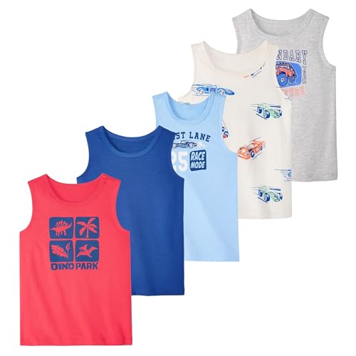 Garanimals Baby Boy Car Tank Top - Kids Sleeveless Muscle Tank - Size 12 Months - Light Grey White Blue Bright Red - 5 Pack Set