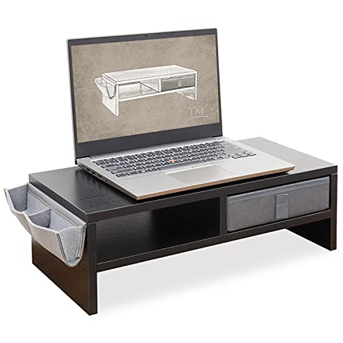 Wood Monitor Stand Riser Desk Organizers, 20 inch Monitor Riser with Drawer Pocket, Laptop/TV Riser Computer Stand with Keyboard Storage,2 Tier Desk Shelf TEAMIX