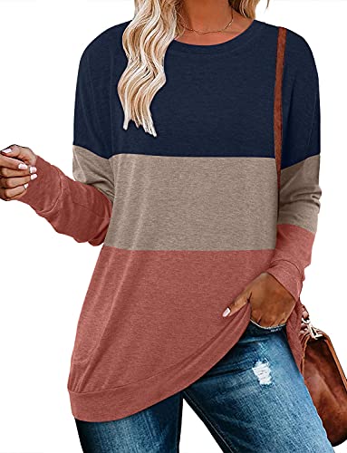 Magritta Winter Crew Neck Tunic Sweatshirt for Women Slouchy Long Sleeve Striped Color Block Pullover Shirt Tops with Pockets Blue Orange Small