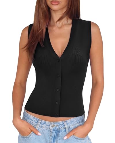 Image of SUUKSESS Women Sleeveless Sweater Tops Summer V Neck Button Down Vest Tops Business Casual Work Shirts