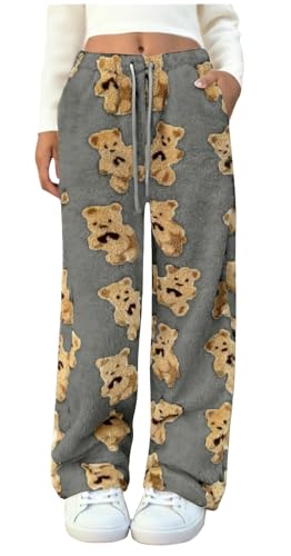 Pantalon pyjama ours femme en polaire chaud et doux taille haute élastique
