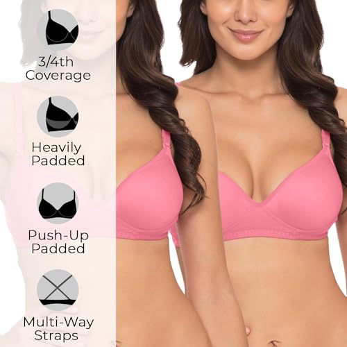 Image of Komli - Heavily Padded Push-Up Bra - Cotton Rich - Balconette - 3 /4th Coverage, Seamless, Wireless, Multiway Straps - T-Shirt Bra (Pack of 2)