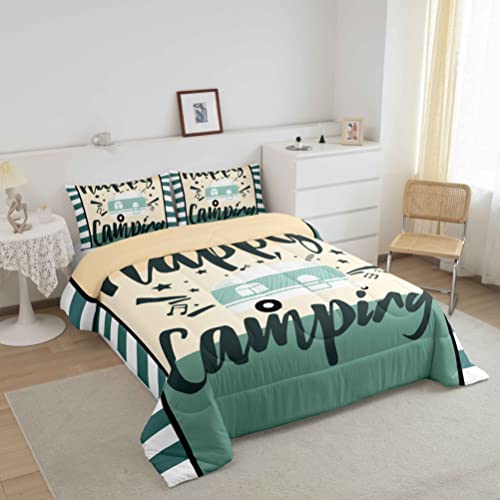 Camper Comforter Kids Farmhouse Style Comforter Set For Boys Girls Cartoon Camping Bedding Set Camping Car Music Design Pattern Quilt Set Bedroom Collection 3Pcs Queen Size,Beige Yellow Green #TOP1