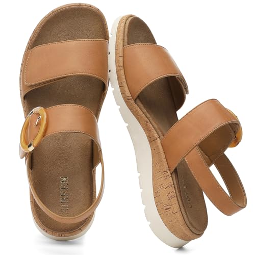 Image of UBFEN Womens Low Wedge Walking Sandals with Arch Support | Open Toe Sandals Adjustable Instep and Ankle Straps for Summer Everyday Outfits, Travel,Vacation