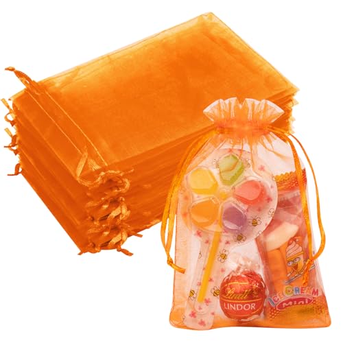 Image of 50PCS Orange Organza Bags 4x6, Small Mesh Drawstring Gift Bags Cute Pouches Mini Sheer Baggies for Packaging Jewelry Candy Sachet Mother's Day Birthday Graduation Party Favors Treats