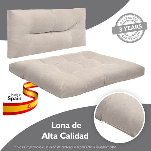 Cojines para Sofá de Palets Exterior 120x80 + Respaldo 120x60 – Pack Completo con Asiento, Respaldo y 2 Cojines Decorativos Bordados – Estilo Chill out para Terraza y Jardín (Arena) - imagen 3