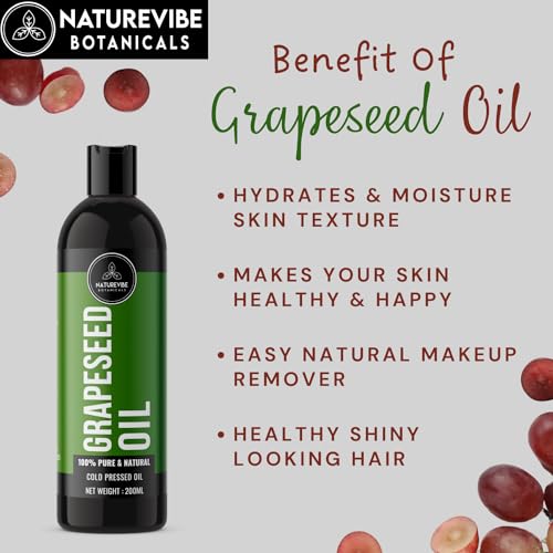 Image of Grapeseed Oil 200ml by Naturevibe Botanials 100% Pure Cold Pressed Grape seed for Skin, Hair & Face | Lightweight Body Massage | Non-Greasy Moisturizing Carrier Oil for Oily & Acne-Prone Skin