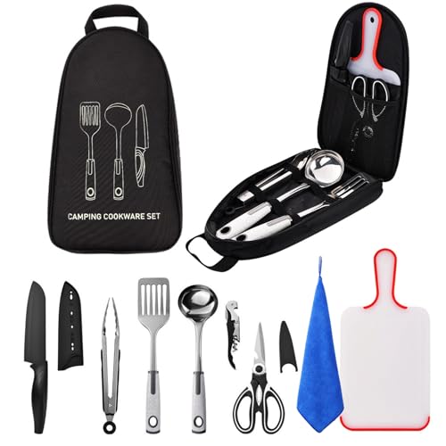 Sadodo Camping Cooking Untensils Accessories Set,9PCS Camping Kitchen Utensils Organizer,Stailess Steel Multifunctional Cutter Spoon Spatula cleaning cloth With Storage Bag