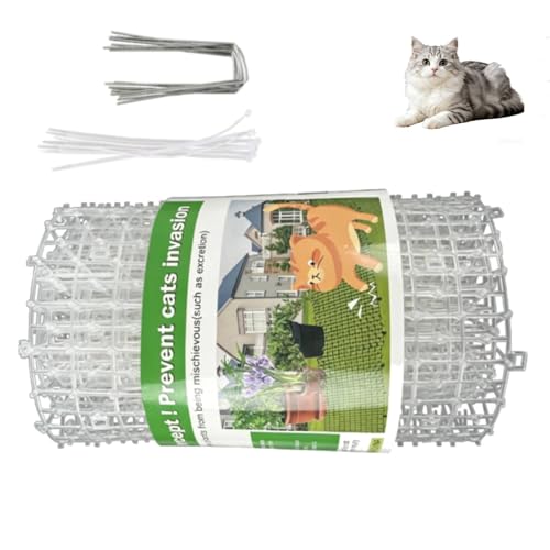 AuroraFlux Cat Deterrent Mat Outdoor & Indoor, 6.5ft x 11.8in Humane Cat Scat Mat with Round Spikes, Pet Deterrent & Repellent for Garden Fence Sofa, Spliceable – w/ 8 Stakes & 8 Ties(White)