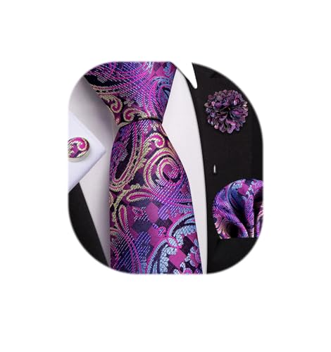 Image of Dubulle Mens Tie and Lapel Pin Paisley Striped Floral Necktie for Men Pocket Square Cufflinks 4PCS Set Wedding Party