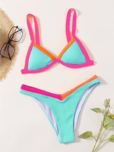 Romwe Women's 2 Piece Colorblock Triangle Bikini Set Contrast Binding Rib Knit Swimsuit Swimwear Bathing Suit Mint Green S #TOP3