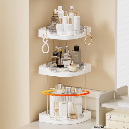 akinbas 3 Tier Corner Bathroom Counter Organizer 360° Rotating Countertop Perfume Tray and Vanity Makeup Cosmetic Storage Corner Counter Shelf for Bathroom Dresser Kitchen (Transparent)