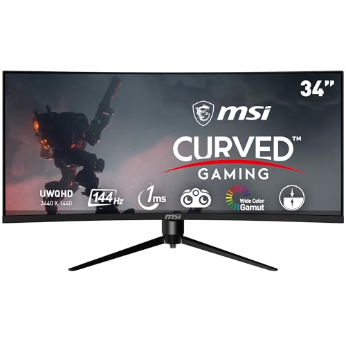 MSI Optix MAG342CQR 1500R Curvature 21:9 Aspect Ratio Narrow Bezel 1ms 3440 x 1440 (UWQHD) 144Hz Refresh Rate Tilt/Swivel/Height/Pivot Adjustment 34″ AMD Freesync Gaming Curved Monitor, Black