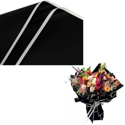 Just Flowers Waterproof Floral Wrapping Paper, Gift Wrapping Paper Roll Sheet, Florist Bouquet Supplies (Pack of 10 Wrapping Paper with White Edge, Black)