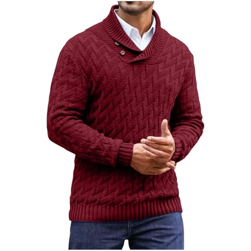 Men Dressy Cable Knit Sweater Mock Neck Button Pullover Chunky Ribbed Edge Classic Winter Crewneck Casual Top