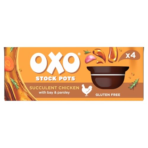 OXO-Huehnerbruehe-Toepfe-mit-Knoblauch-Thymian–Sukkulenten-Geschmack-echte-Fleischsaefte-ideal-fuer-Braten-Suppen-Auflaeufe-Feiertagskochen-4-x-20-g-80-g-insgesamt