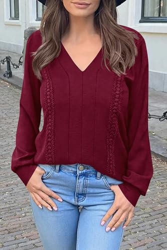 dowerme Womens Tops 2025 Fall V Neck T-Shirts Long Sleeve Shirts Lace Crochet Work Blouses Dressy Casual Loose Tunics3