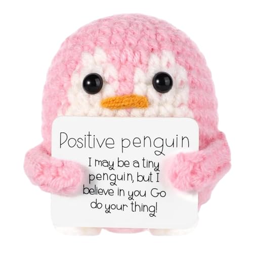 Image of Zibuyu Handmade Crochet Penguin Desk Decor with Positive Message Card Cute Motivational Crochet Toys Gift for Office Home Baby Nursery, Pink