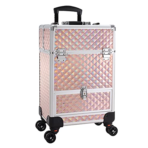 Hododou Rolling Makeup Train Case Cosmetic Case Sliding Drawer Makeup Train Case with Key Swivel Wheels Salon Barber Makeup Box Traveling Cart Trunk for Women Makeup Nail Tech Rose Gold