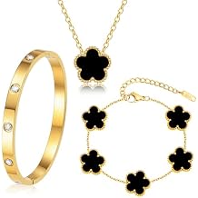 Gold Bracelets Necklace Jewelry Set - 3Pcs 18K Gold Plated Floral Bracelet,Stainless Steel Bangles, Waterproof Non-Tarnish Necklaces Daily Fashion Minimalist Jewelry,Valentines Birthday Gift for Women