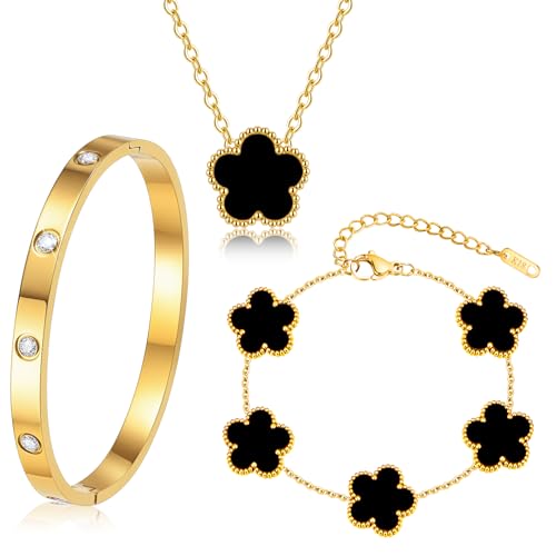Gold Bracelets Necklace Jewelry Set - 3Pcs 18K Gold Plated Floral Bracelet,Stainless Steel Bangles, Waterproof Non-Tarnish Necklaces Daily Fashion Minimalist Jewelry,Valentines Birthday Gift for Women