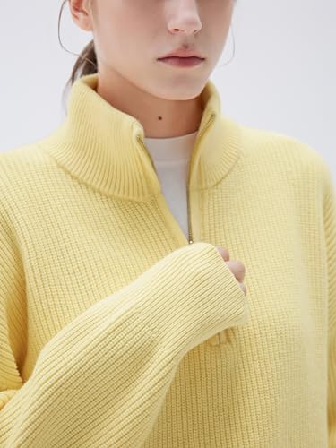 Image of SUUKSESS Women Cashmere Blend Oversized Quarter Zip Pullover Sweater Long Sleeve Collared Ribbed Knit Jumper Tops