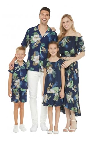 Image of Matchable Family Hawaiian Luau Men Women Girl Boy Clothes in Pineapple Garden Navy