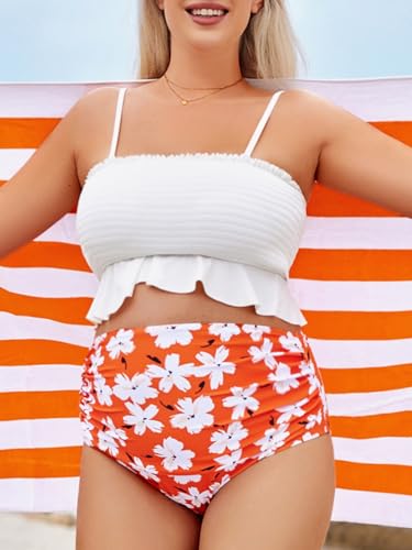 Summer Mae Maternity High Waist Swimsuit Ruffle Hem Bikini Bathing Suit Shirred Bandeau Two Piece Pregnancy Swimwear White Flower M thumb #6