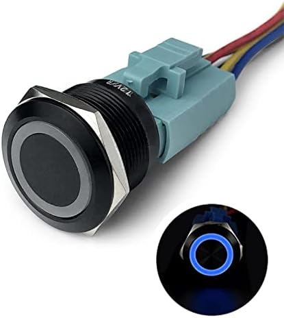 MGI SpeedWare Black Aluminum Push Button Switch 22mm with Socket, 3A 12vDC Ring LED (Momentary, Blue)