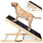 Wooden Dog Stairs, Adjustable Pet Dog Ramp with 5 Height Adjustable from 10”to 24” Up to 250LBS, Non-Slip Collapsible High Traction Ramps for Bed Couch Sofa Car Small Large Pet Indoor Outdoor