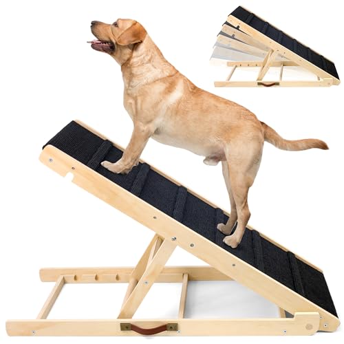 Wooden Dog Stairs, Adjustable Pet Dog Ramp with 5 Height Adjustable from 10”to 24” Up to 250LBS, Non-Slip Collapsible High Traction Ramps for Bed Couch Sofa Car Small Large Pet Indoor Outdoor