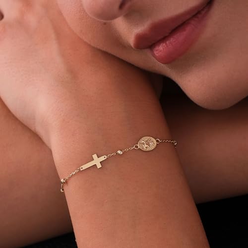 Image of MIONZA Catholic Medal Cross Bracelet for Women | 14K Gold Plated or Solid Gold, Religious Rosary Jewelry, Choose Your Saint Medal Bracelet