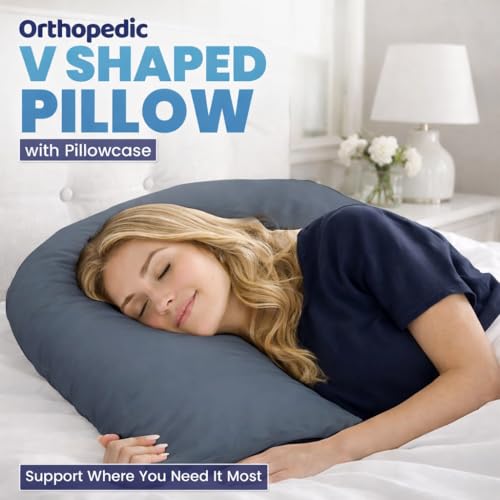 ARLINENS V Pillow With Pillowcase - Orthopedic V Pillow, Hollow Fiber V Pillow For Neck, Back, Pregnancy & Nursing Support Pillow-with polycotton pillowcase Standard Size 74 x 34cm (Grey) - 2
