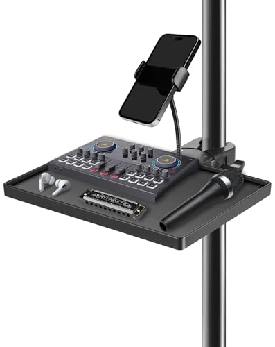 BILIONE Mic Stand Tray with Gooseneck Phone Holder, 10.6' X 7.8' Microphone Stand Tray Crab Clamp On Music Stand Floor Shelf Pole Mount, Karaoke Accessories