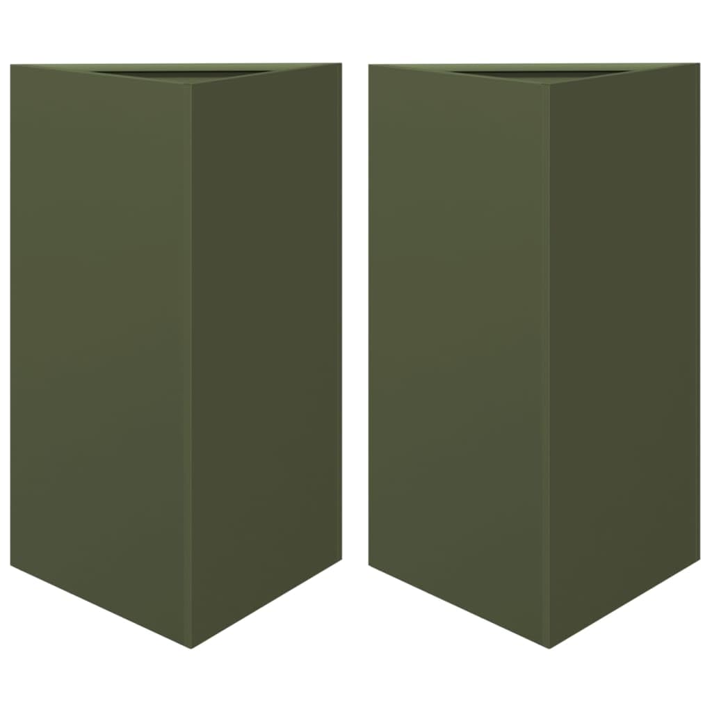 vidaXL Jardineras Triangulares 2 uds Acero Verde Oliva 50x43x75 cm, macetero, Jardinera de Exterior, Jardinera de jardín, maceteros