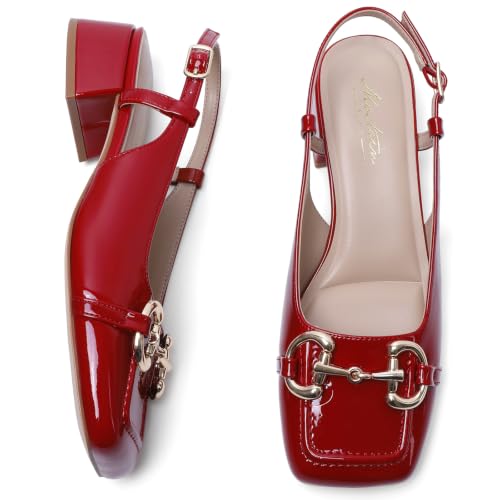 Image of Mostrin Mary Jane Shoes Women Slingback Chunky Low Heels for Women Closed Rounded Toe Ankle Strap Pumps Daily Wedding Party Dress Shoes