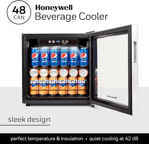 Image of Honeywell Beverage Refrigerator and Cooler, 48 Can Mini Fridge with Glass Door for Soda Beer or Wine for Office or Bar with Adjustable Removable Shelving