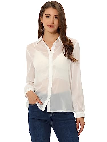 Allegra K Sheer Button Up Blouse for Women's See Through Mesh Long Sleeve Shirt Tops